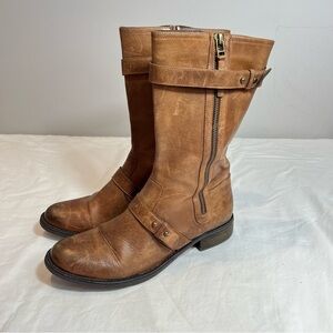 Steve Madden Kewl Cognac brown leather biker moto buckle boots size 10